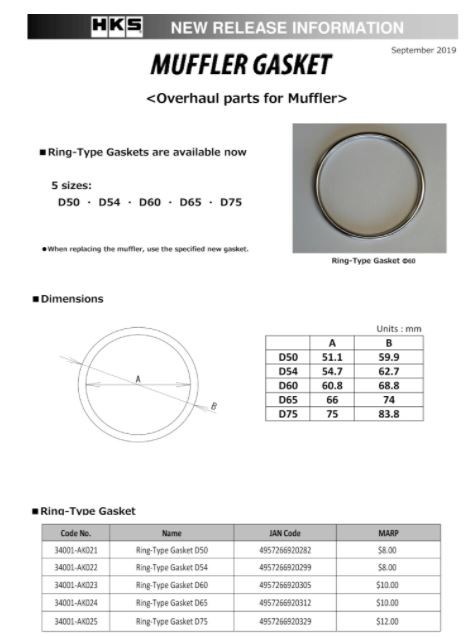 [34001-AK021] HKS Exhaust Gasket Ring 50mm