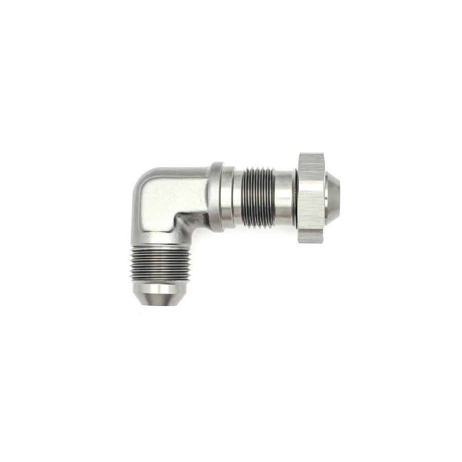 [6-02-0711] Deatschwerks 8AN Male Flare to 8AN Male Flare Bulkhead Adapter 90-Degree (Incl Nut), Anodized DW Titanium