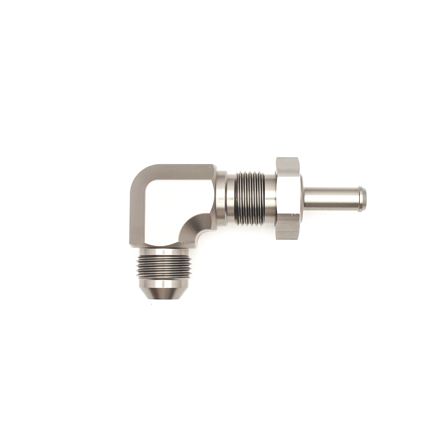 [6-02-0713] Deatschwerks 8AN Male Flare to 5/16 Inch Male Barb Bulkhead Adapter 90-Degree (Incl Nut), Anodized DW Titanium