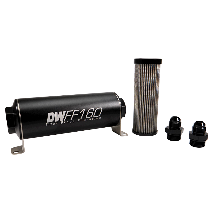 Deatschwerks In-line fuel filter element and housing kit, stainless steel 40 micron, -8AN, 160mm. Universal