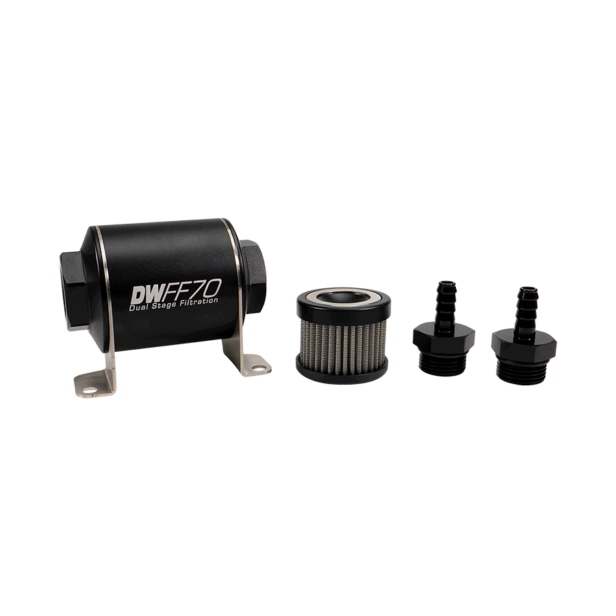 Deatschwerks In-line fuel filter element and housing kit, stainless steel 100 micron, 5/16in hose barb, 70mm. Universal