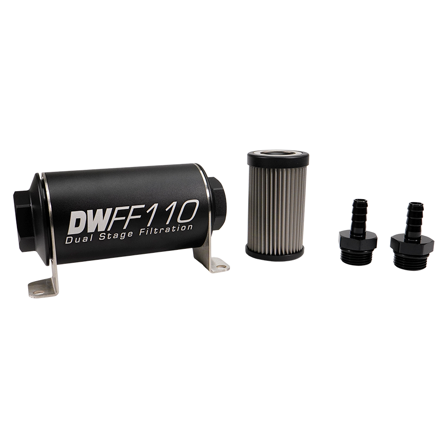Deatschwerks In-line fuel filter element and housing kit, stainless steel 10 micron, 3/8in hose barb, 110mm. Universal