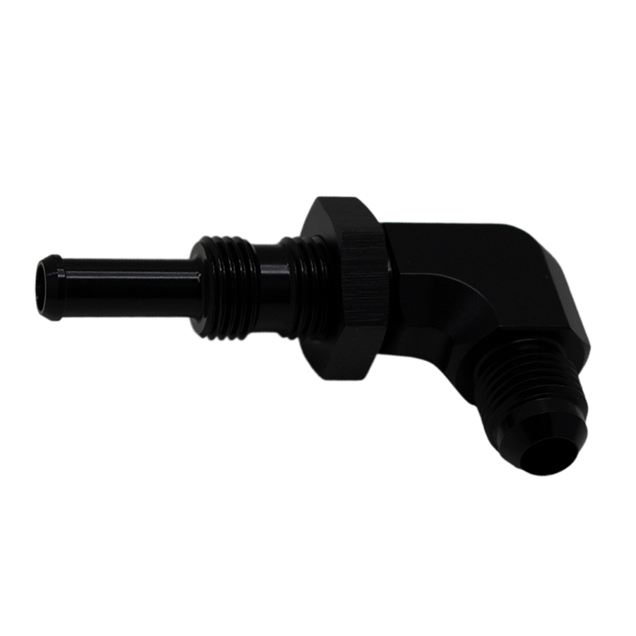 [6-02-0712-B] Deatschwerks 6AN Male Flare to 5/16 Inch Male Barb Bulkhead Adapter 90-Degree (Incl Nut), Anodized Matte Black