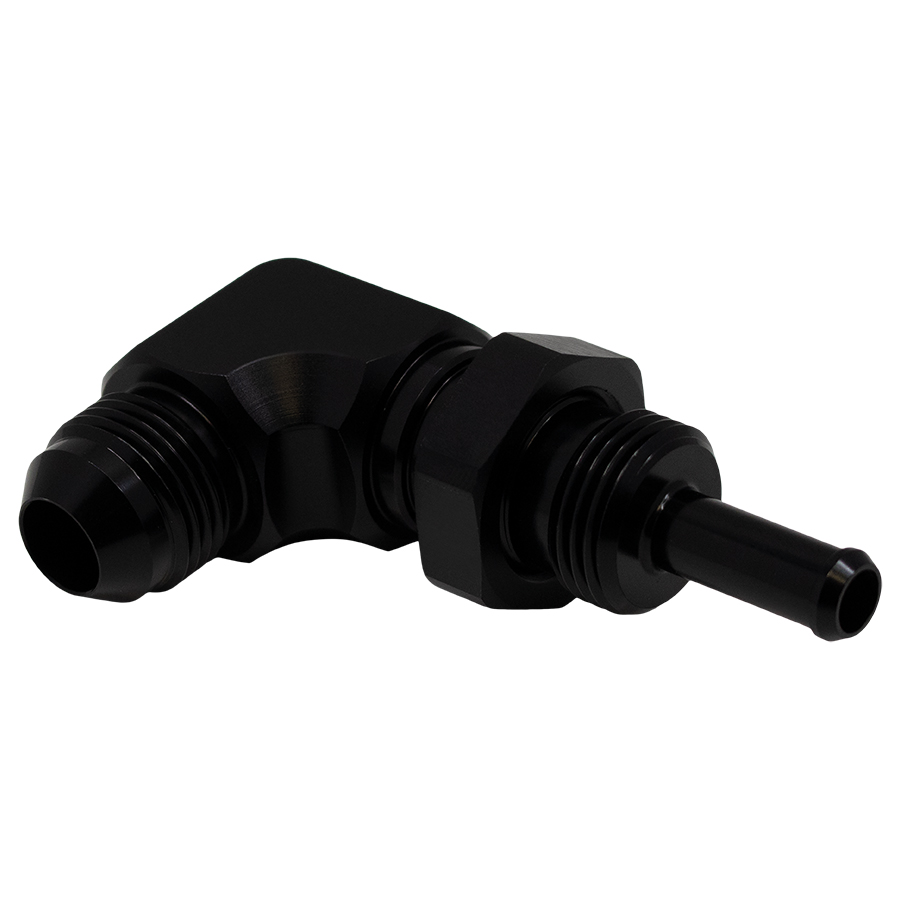 [6-02-0713-B] Deatschwerks 8AN Male Flare to 5/16 Inch Male Barb Bulkhead Adapter 90-Degree (Incl Nut), Anodized Matte Black