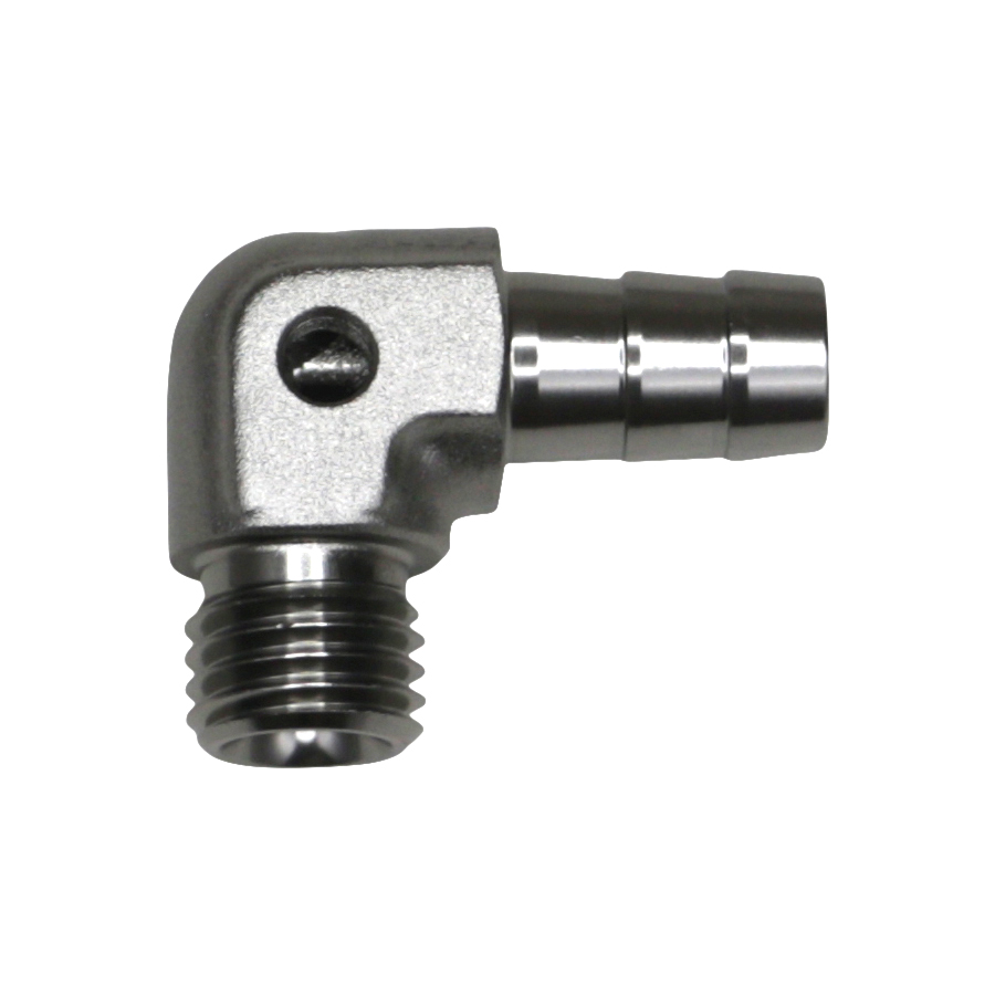 [6-02-0650] Deatschwerks Metric M12 to 3/8 Inch Hose Barb 90-Degree Fitting w/ 1/8 Inch Venturi Port, Anodized DW Titanium