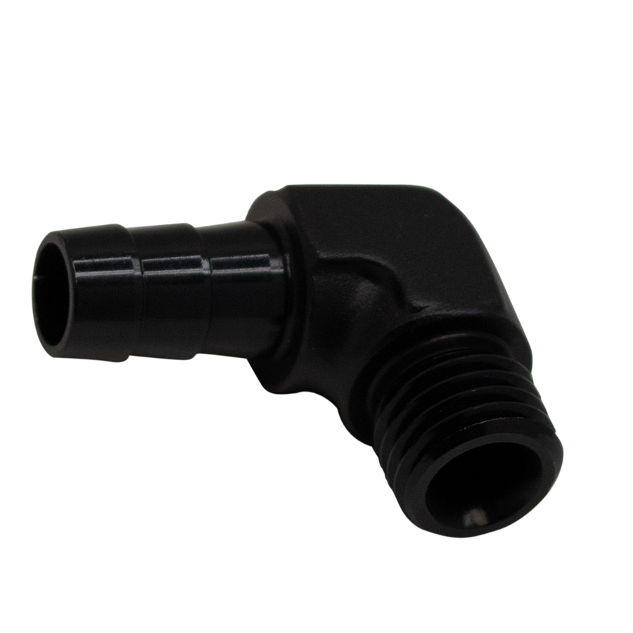 [6-02-0650-B] Deatschwerks Metric M12 to 3/8 Inch Hose Barb 90-Degree Fitting w/ 1/8 Inch Venturi Port, Anodized Matte Black