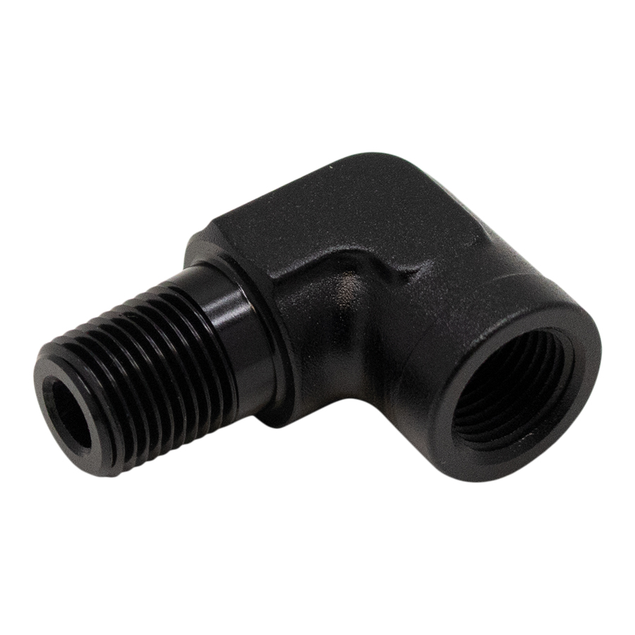 [6-02-0920-B] Deatschwerks 90-Degree 1/8 Inch NPT Male to Female 1/8 Inch NPT, Anodized Matte Black