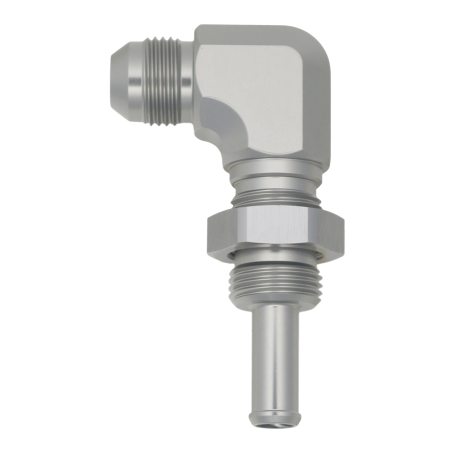 [6-02-0742] Deatschwerks 8AN Male Flare to 90-Degree 3/8" Single Hose Barb, Anodized DW Titanium