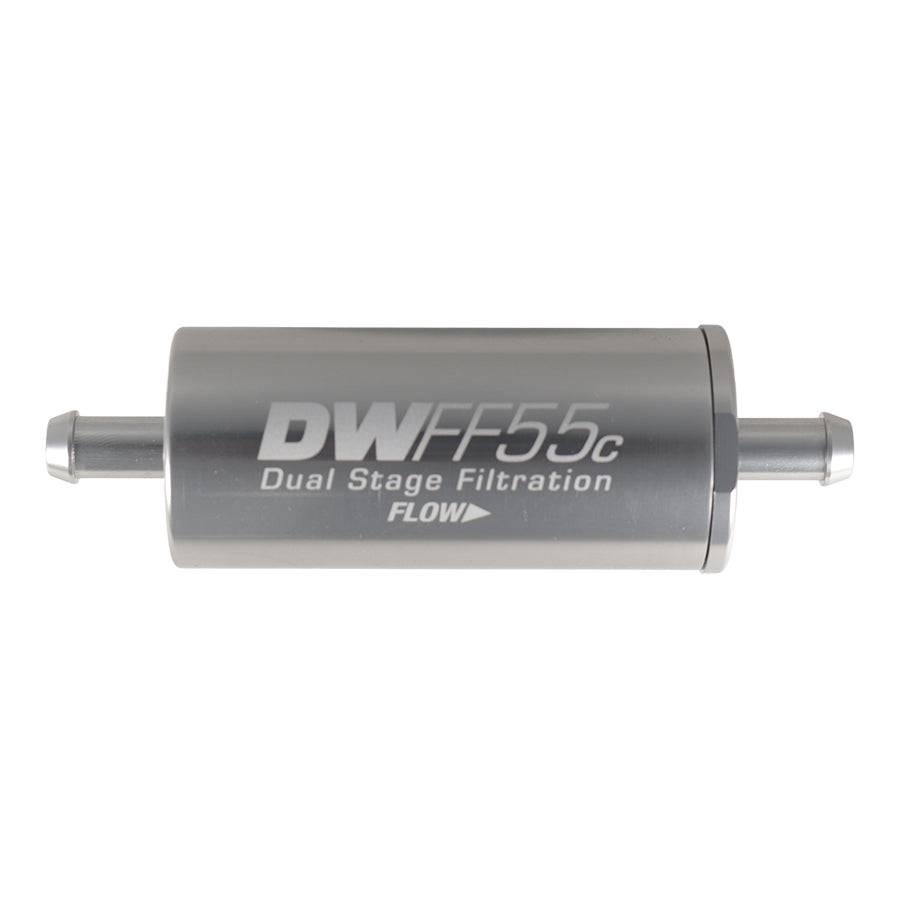 [8-03-55C-010K] Deatschwerks In-line fuel filter element and housing kit, stainless steel 5 micron, 5/16in hose barb, 55mm. Universal